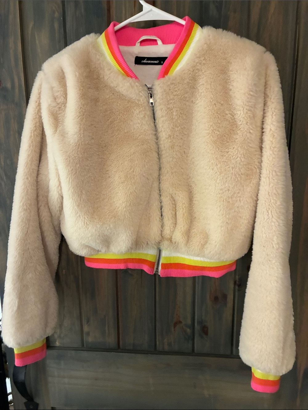 Olivaceous Cream Faux-Fur Bomber Jacket with Neon Trim